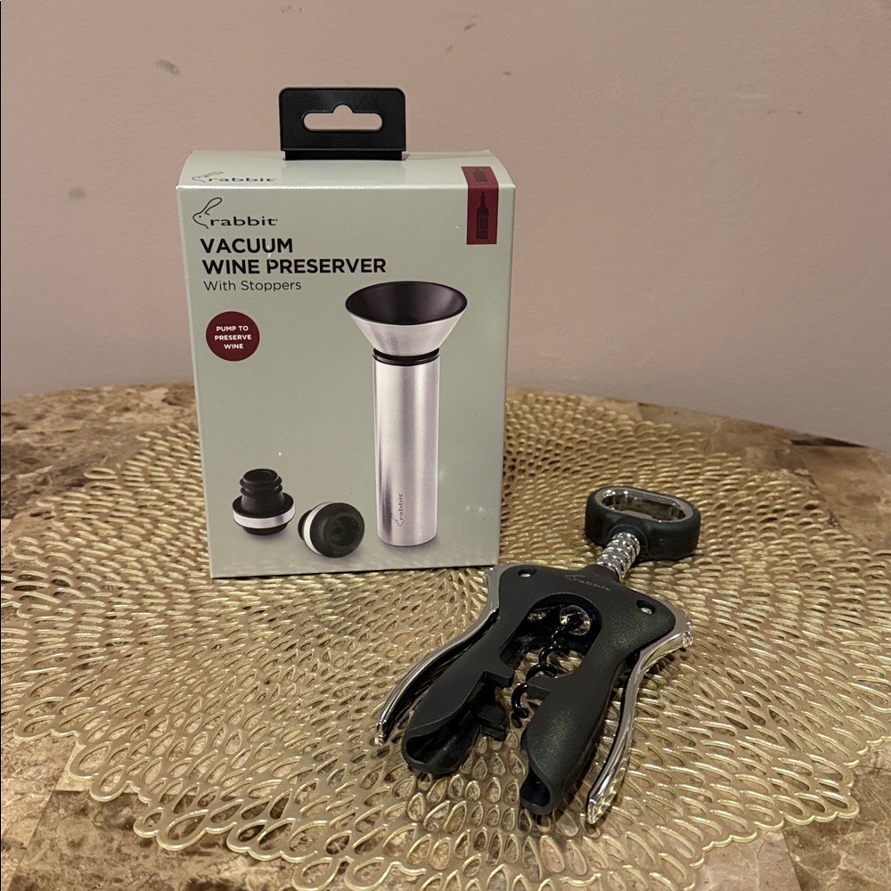 Rabbit Vacuum Wine Preserver with Stoppers and Winged Corkscrew Bundle